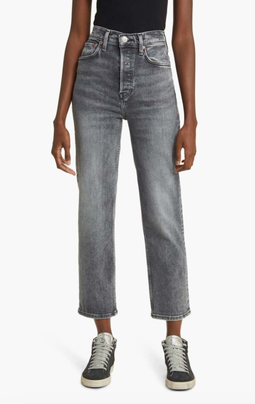 Re/done NWT '70s Ultra High Waist Stove Pipe Jeans in Silver Fade Black Size 28